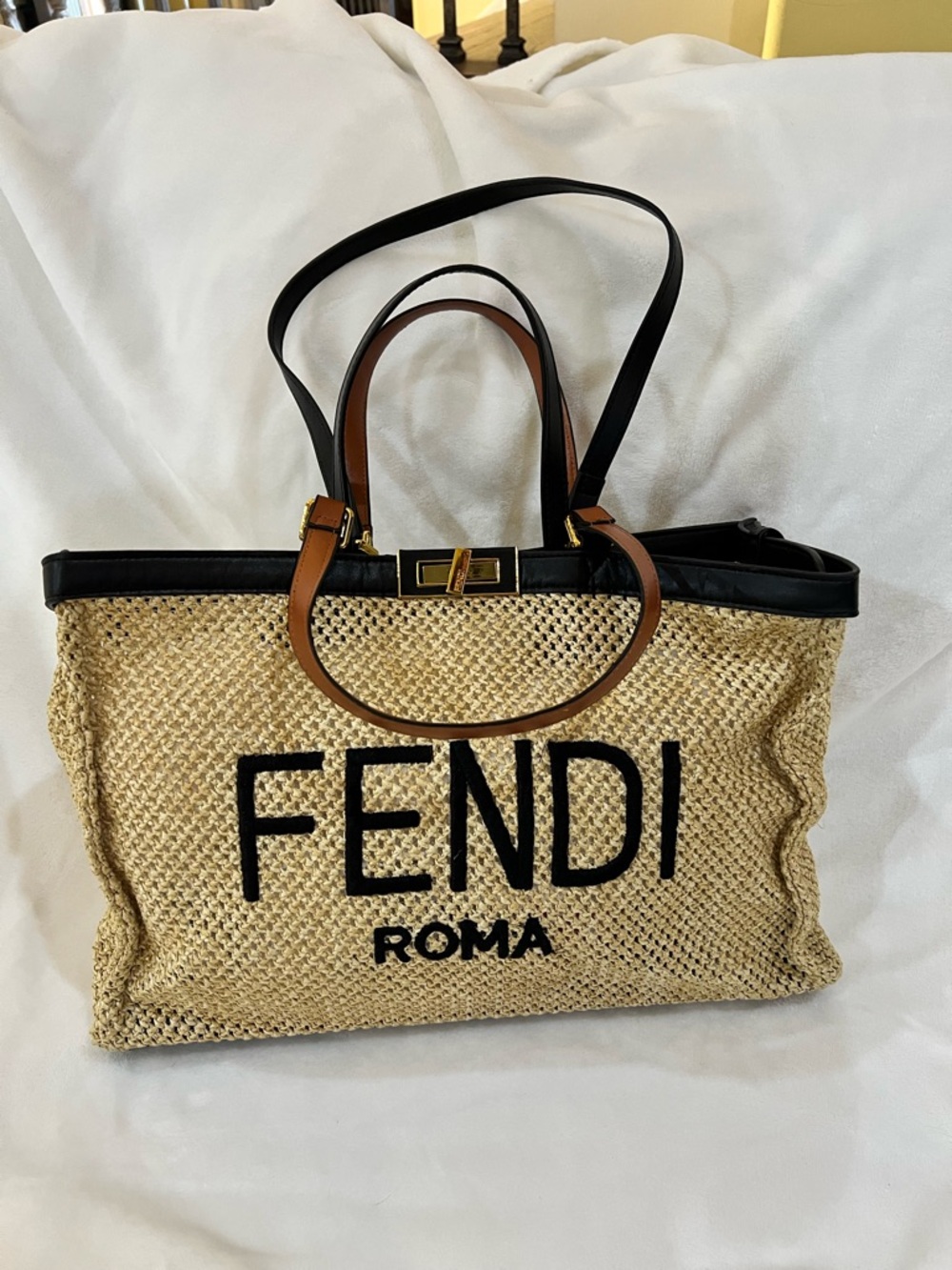 Natural Straw Tote with Black Trim